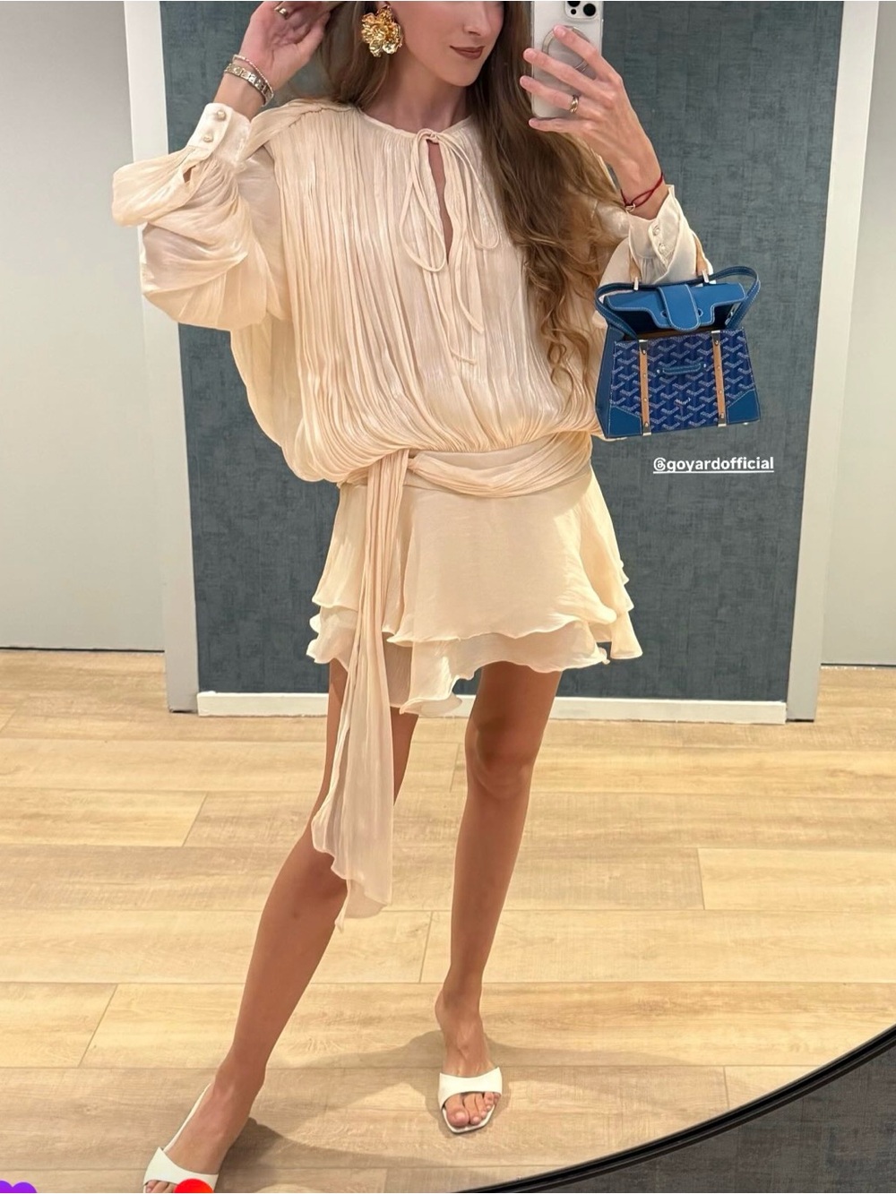 Cream Pleated Tie-Neck Mini Dress